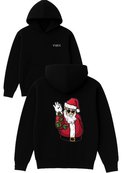 Hediye Saçan Noel Baba Tasarım Baskılı Oversize Siyah Kapüşonlu Sweatshirt