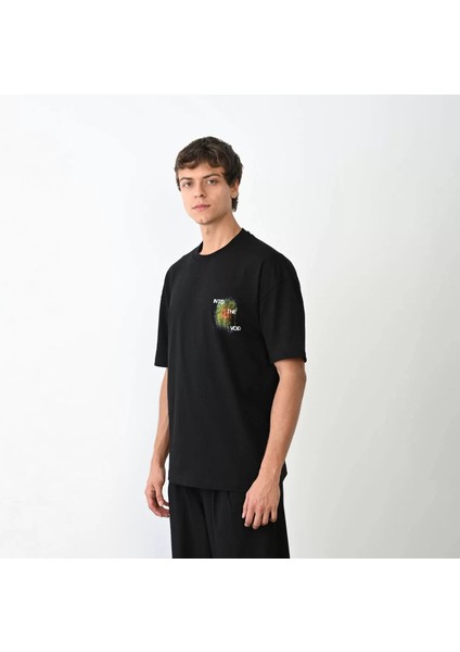 Unisex Bisiklet Yaka Baskılı Oversize T-Shirt - Siyah fiyatları