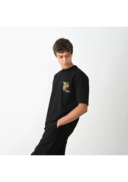 Unisex Bisiklet Yaka Baskılı Oversize T-Shirt - Siyah modelleri