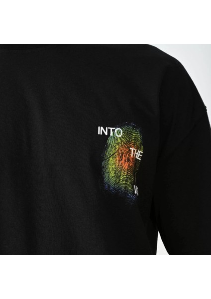 Unisex Bisiklet Yaka Baskılı Oversize T-Shirt - Siyah fırsatları