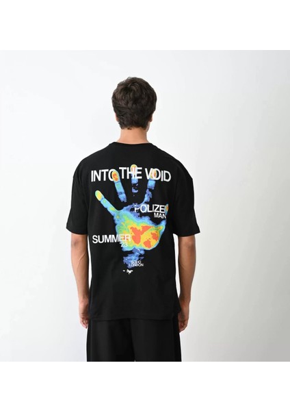 Unisex Bisiklet Yaka Baskılı Oversize T-Shirt - Siyah indirimleri