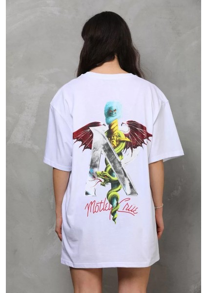 Unisex Bisiklet Yaka Baskılı Oversize T-Shirt - Beyaz modelleri