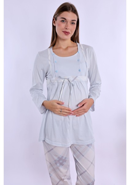 Mavi %100 Pamuk Hamile Lohusa Set