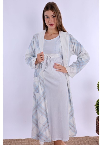 Mavi %100 Pamuk Hamile Lohusa Set