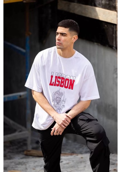 Unisex Bisiklet Yaka Baskılı Oversize T-Shirt - Beyaz