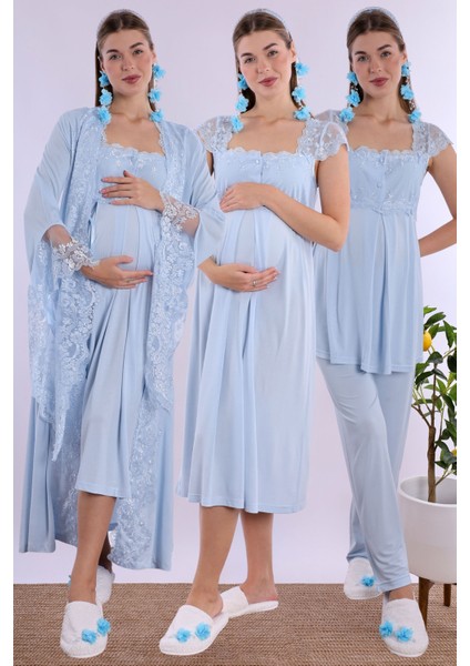 Mavi Dantelli Hamile Lohusa Set