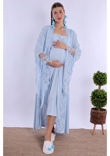 Mavi Dantelli Hamile Lohusa Set modelleri