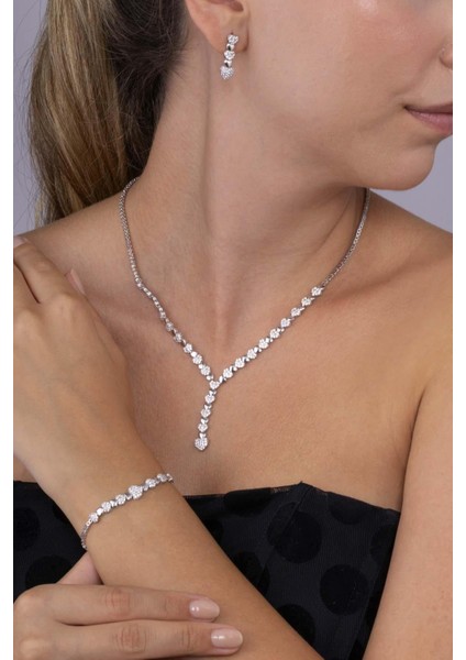 Rodyum Kaplama 925 Ayar Gümüş Kalpli Süzme Su Yolu Gümüş Düğün Seti