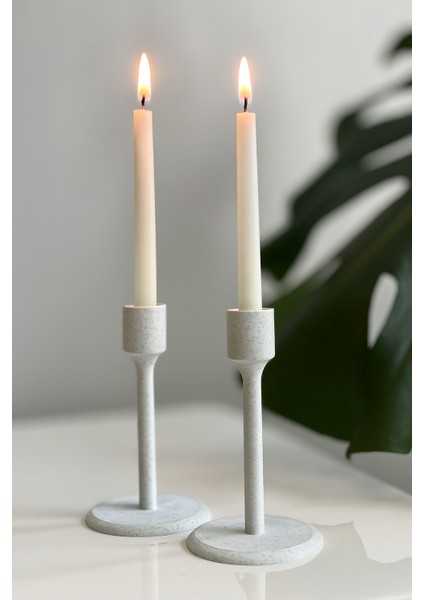 2'li Modern Şamdan Seti - Minimalist Mermer Desenli Mumluk Beyaz