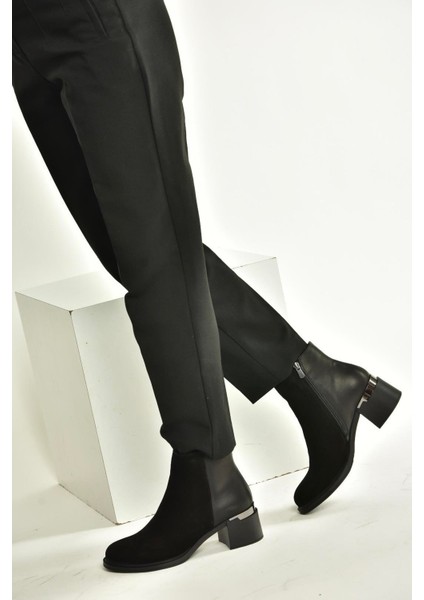 V555559502 Siyah Hakiki Deri Süet Kalın Topuklu Kadın Bot fiyatları