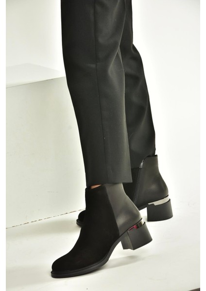 V555559502 Siyah Hakiki Deri Süet Kalın Topuklu Kadın Bot fırsatları