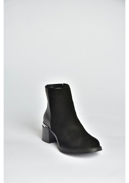 V555559502 Siyah Hakiki Deri Süet Kalın Topuklu Kadın Bot