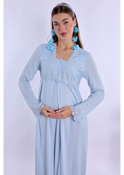 Mavi Sabahlıklı Hamile Lohusa Gecelik Takım