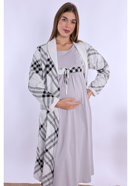 Gri %100 Pamuk Sabahlıklı Hamile Lohusa Gecelik Takım fiyatları
