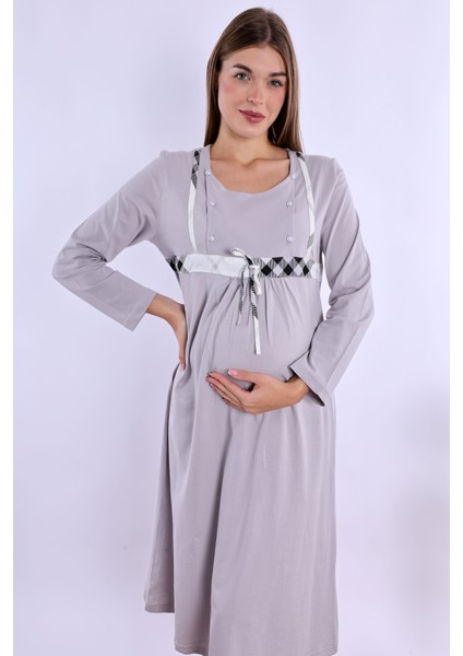 Gri %100 Pamuk Sabahlıklı Hamile Lohusa Gecelik Takım
