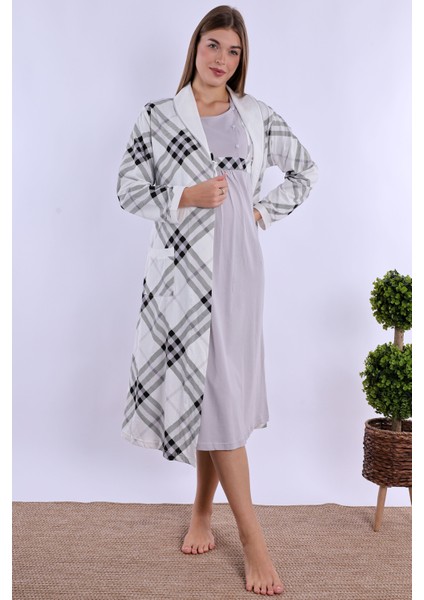 Gri %100 Pamuk Sabahlıklı Hamile Lohusa Gecelik Takım