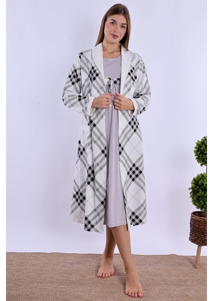 Gri %100 Pamuk Sabahlıklı Hamile Lohusa Gecelik Takım