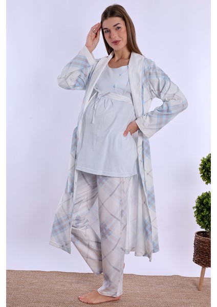 Mavi %100 Pamuk Sabahlıklı Hamile Lohusa Pijama Takımı
