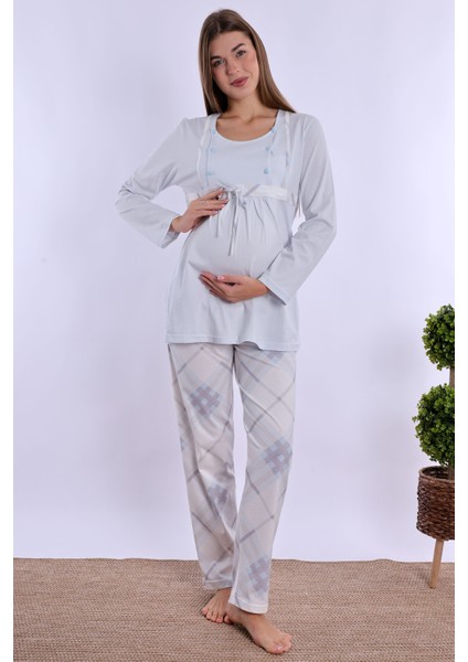 Mavi %100 Pamuk Sabahlıklı Hamile Lohusa Pijama Takımı fırsatları