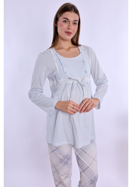 Mavi %100 Pamuk Sabahlıklı Hamile Lohusa Pijama Takımı indirimleri