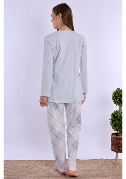 Mavi %100 Pamuk Sabahlıklı Hamile Lohusa Pijama Takımı