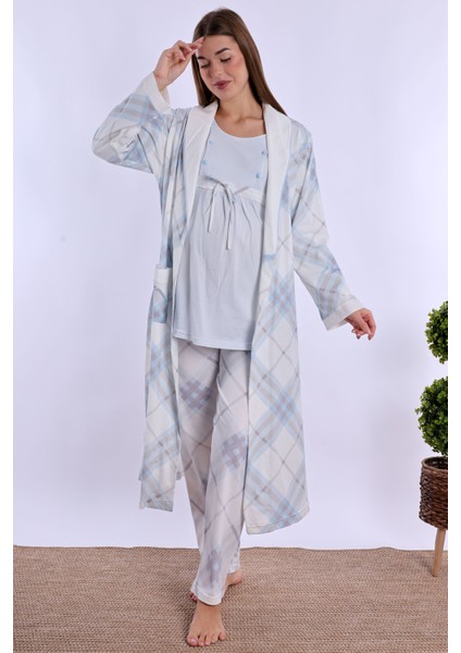 Mavi %100 Pamuk Sabahlıklı Hamile Lohusa Pijama Takımı