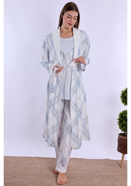 Mavi %100 Pamuk Sabahlıklı Hamile Lohusa Pijama Takımı