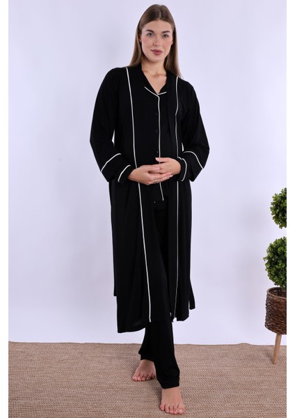 Siyah Sabahlıklı Hamile Lohusa Pijama Takımı