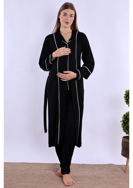 Siyah Sabahlıklı Hamile Lohusa Pijama Takımı