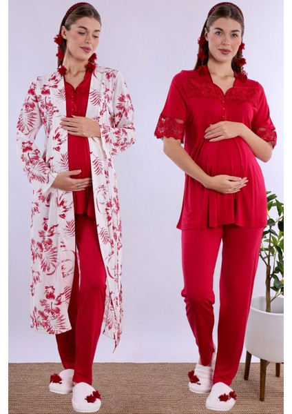 Vişne Sabahlıklı Hamile Lohusa Pijama Takımı