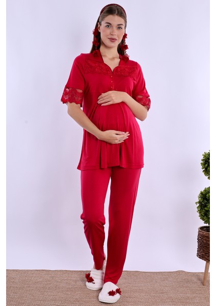 Vişne Sabahlıklı Hamile Lohusa Pijama Takımı fırsatları