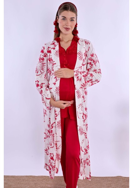 Vişne Sabahlıklı Hamile Lohusa Pijama Takımı