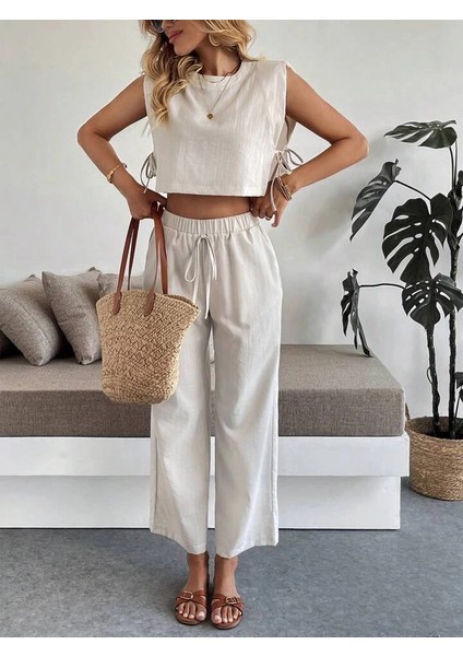 Yan Bağlama Detaylı Pantolonlu Takım Bej
