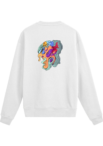 Sırt Baskılı Renkli Soyut Yüz Tasarımlı Sweatshirt
