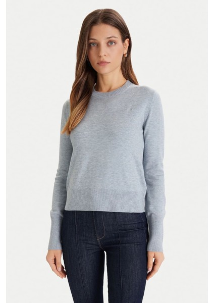 Kadın Ipek ve Yün Karışımlı Bisiklet Yaka Kazak - Mavi