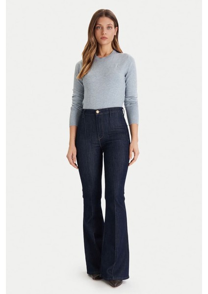 Kadın Ipek ve Yün Karışımlı Bisiklet Yaka Kazak - Mavi modelleri