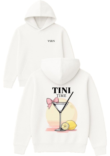Tını Time Tasarım Baskılı Oversize Beyaz Kapüşonlu Sweatshirt