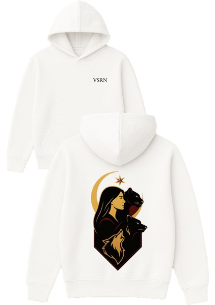 Türk Motifleri Tasarım Baskılı Oversize Beyaz Kapüşonlu Sweatshirt