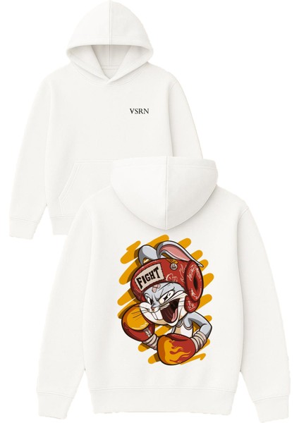 Boksör Tavşan Tasarım Baskılı Oversize Beyaz Kapüşonlu Sweatshirt