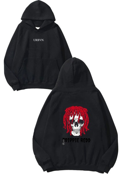 Trippie Red Tasarım Baskılı Oversize Siyah Kapüşonlu Sweatshirt