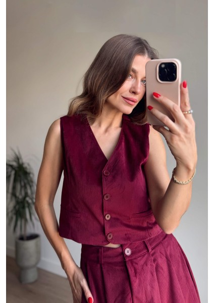 Bordo Ince Fitilli Yelek Etek Kadife Takım