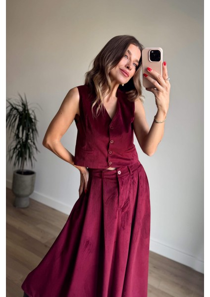 Bordo Ince Fitilli Yelek Etek Kadife Takım modelleri