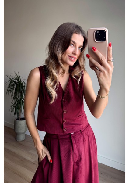 Bordo Ince Fitilli Yelek Etek Kadife Takım fırsatları