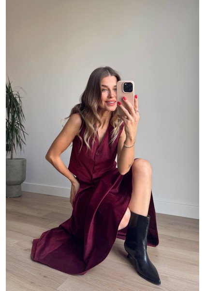 Bordo Ince Fitilli Yelek Etek Kadife Takım indirimleri