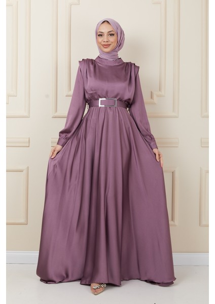 Koyu Lila Omuz Vatkalı Mevlana Saten Tesettür Abiye fiyatları