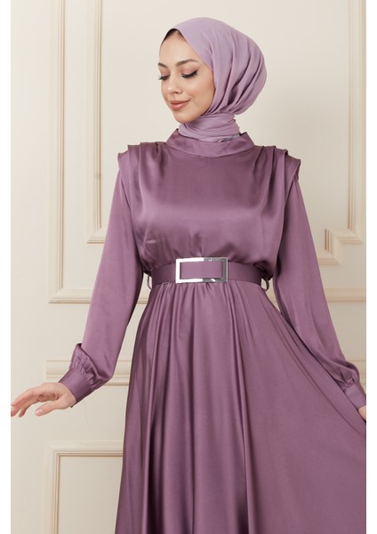 Koyu Lila Omuz Vatkalı Mevlana Saten Tesettür Abiye modelleri