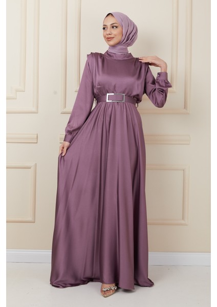 Koyu Lila Omuz Vatkalı Mevlana Saten Tesettür Abiye fırsatları