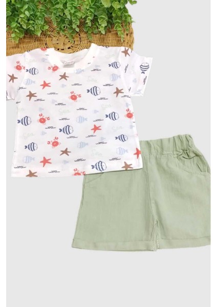 Erkek Bebek Deniz Desenli 2'li Alt Üst Müslin Şortlu Takım Yazlık Ince %100 Pamuk fiyatları