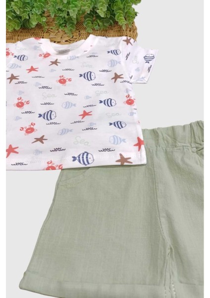 Erkek Bebek Deniz Desenli 2'li Alt Üst Müslin Şortlu Takım Yazlık Ince %100 Pamuk modelleri