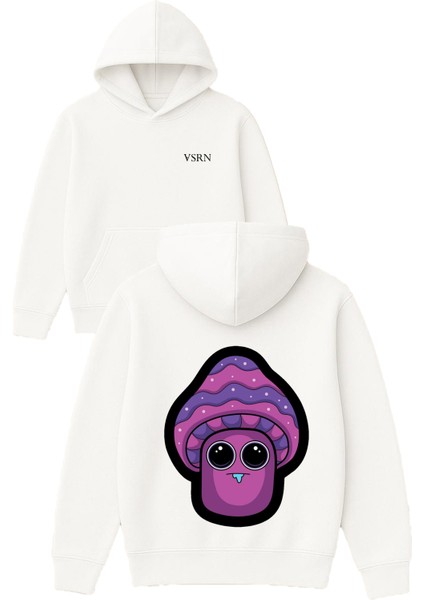 Aglayan Mantar Tasarım Baskılı Oversize Beyaz Kapüşonlu Sweatshirt